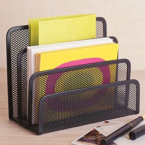 EASEPRES Desk Mail Organizer  Office Small Desktop Metal Mesh Envelope Letter Sorter Paper File Holder Organizer with 3 Vertical Upright Compartments  Black 1 Pack - Image 3